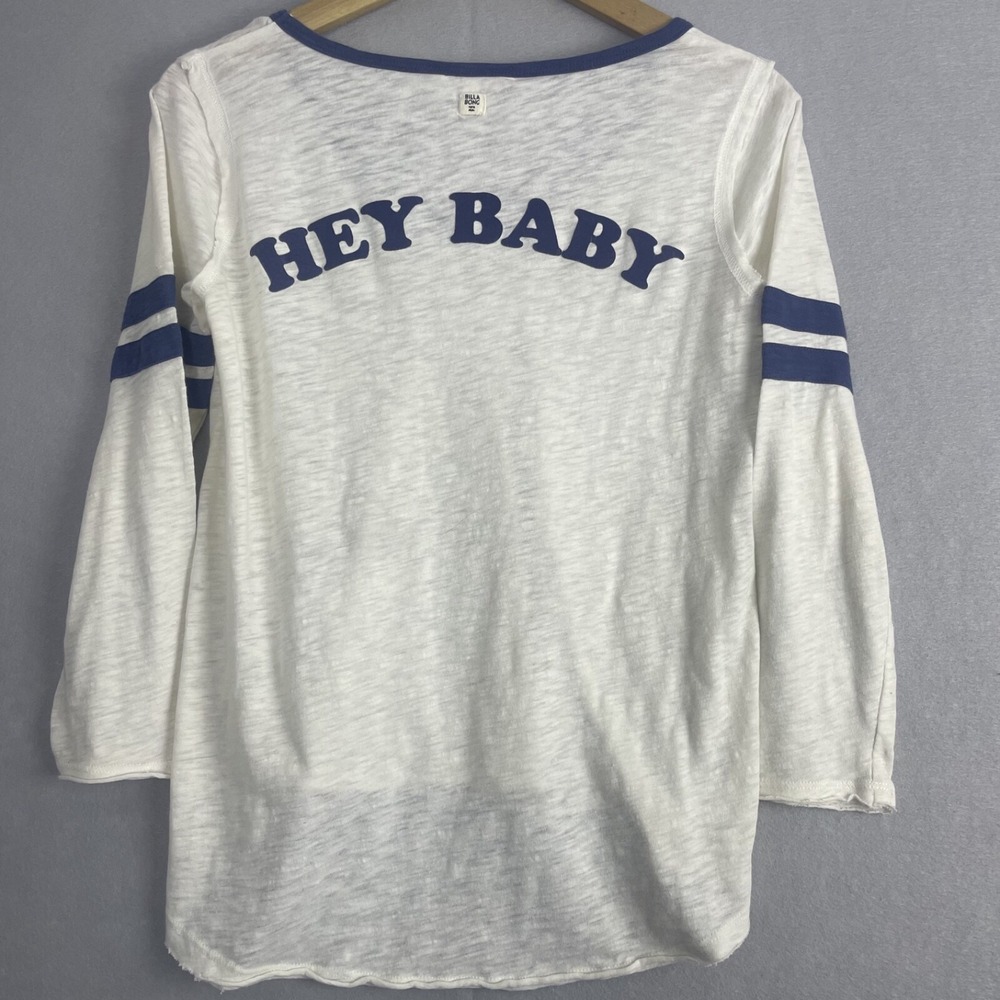 Billabong Hey Baby White Blue Long Sleeve V-Neck T-Shirt‎ Top Women's Small